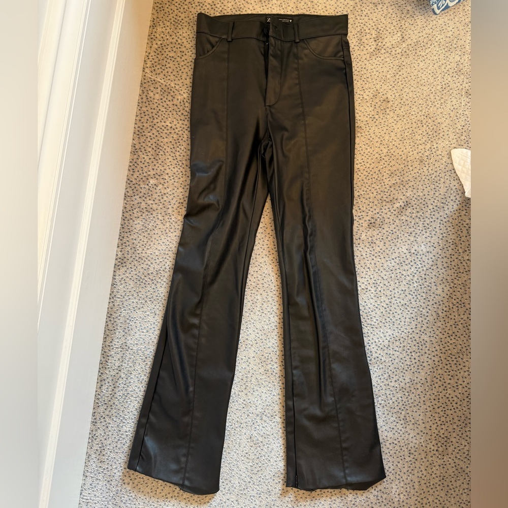 Zara black faux leather flared pants